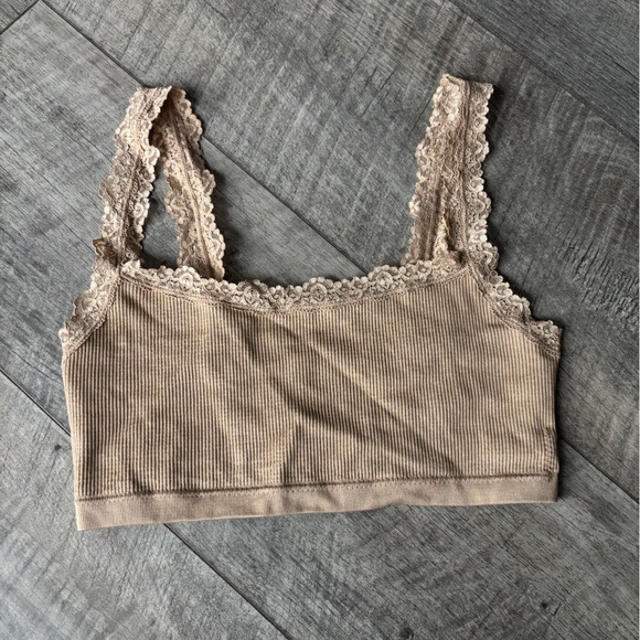 Lace Trim Ribbed Bralette - Tan - Picture 1 of 3